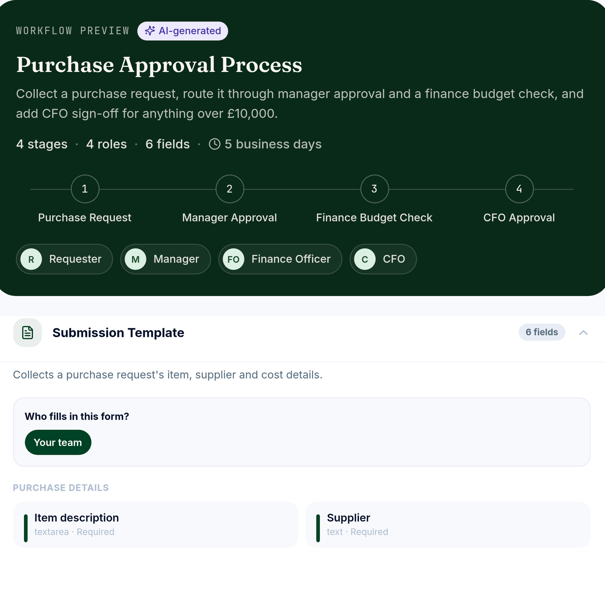 Achi workflow preview for purchase approval (demo data)