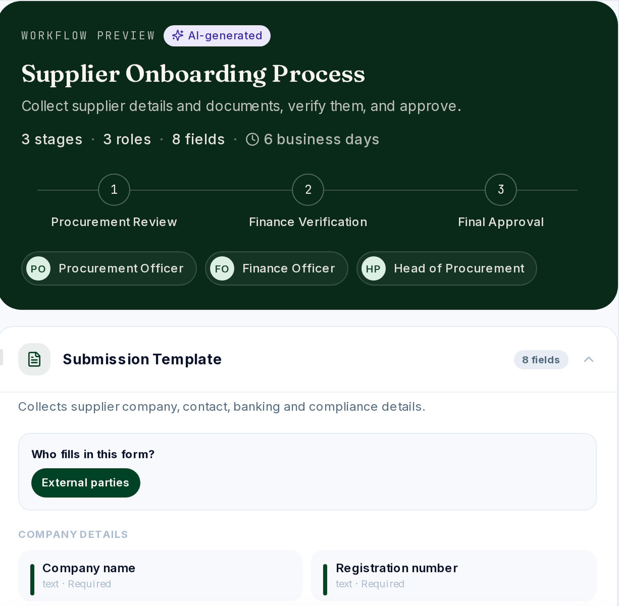 Achi workflow preview for supplier onboarding (demo data)