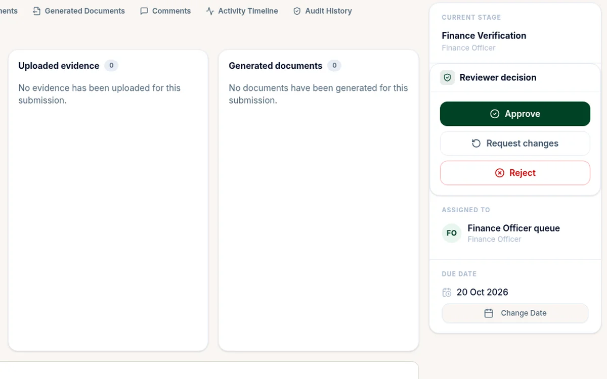 The Finance Officer's view at the Finance Verification stage, with Approve, Request changes and Reject, assigned to the Finance Officer queue.
