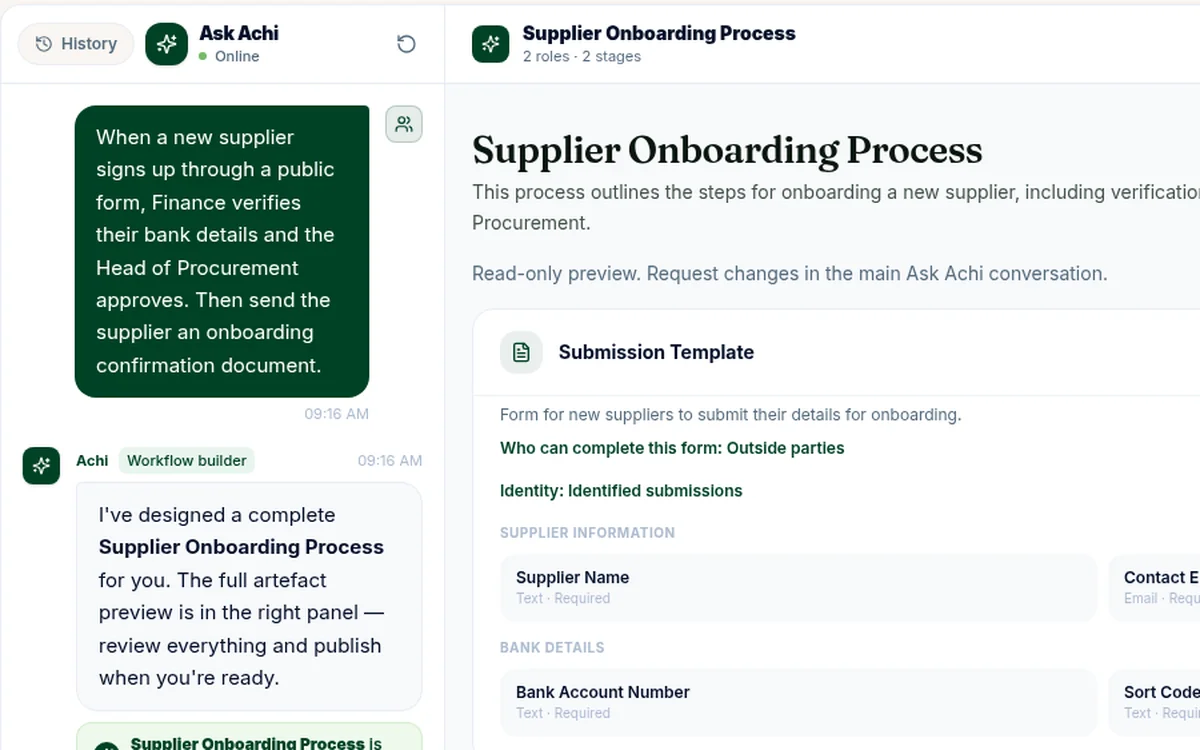 Ask Achi with a process described in plain English: a new supplier signs up through a public form, Finance verifies their bank details and the Head of Procurement approves.